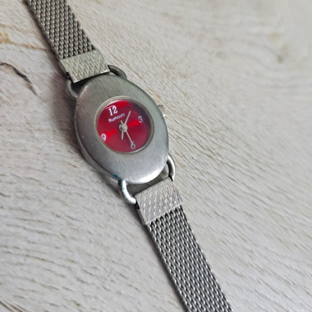 Rumors Stainless Steel Watch with Mesh Band Red Face